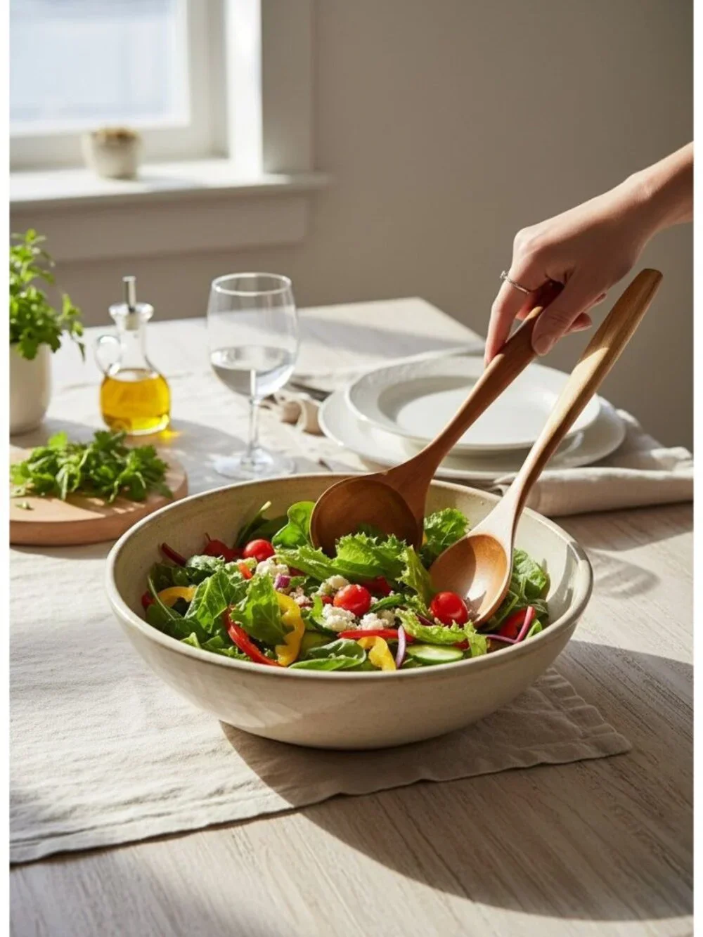 Wooden Salad Server Set - 2-Piece Spoon & Fork Serving Utensils Handcrafted Natu